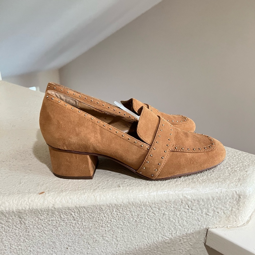 Franco Sarto Lance Camel Studded Suede Block Heel Loafers Sz‎ 10 M FLAWED READ